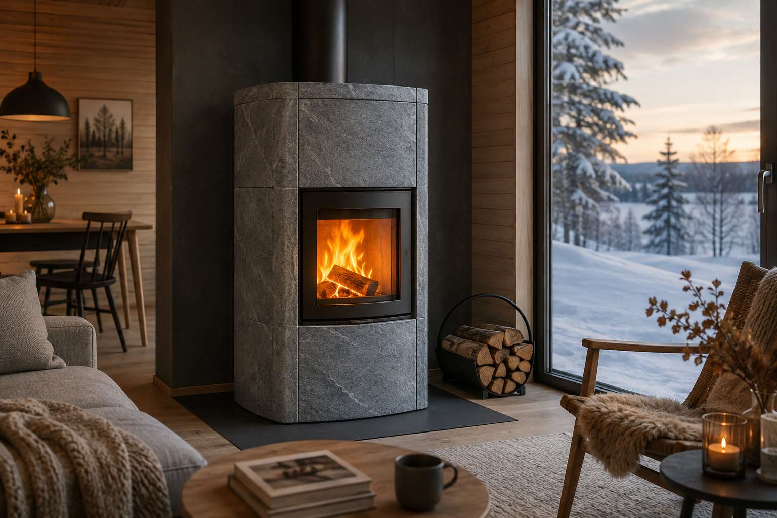 Täljstenskamin i skandinaviskt vardagsrum – en kamin i täljsten med värmelagrande sten och brinnande eld.